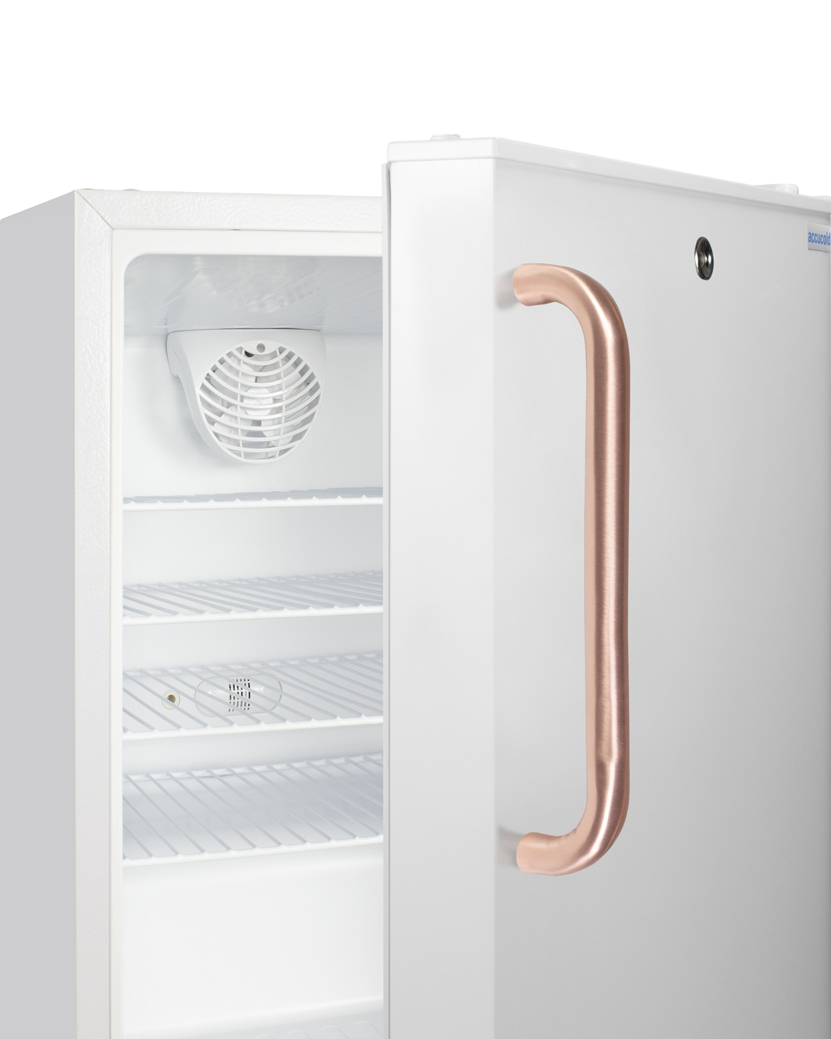 Built-in undercounter ADA compliant +2 C to +8 C all-refrigerator in white with pure copper towel bar handle, lock, digital controls, wire shelving, hospital cord with 'green dot' plug, factory installed access port, and automatic defrost operation
